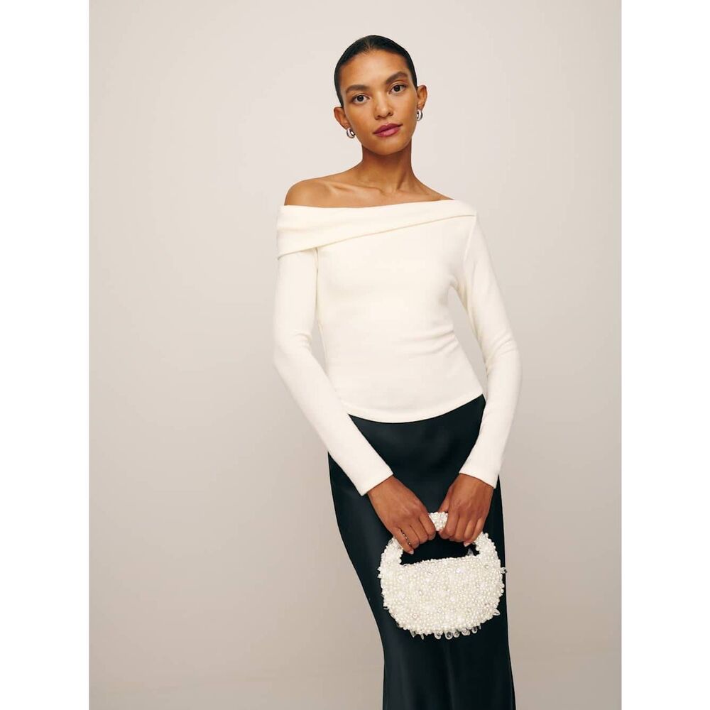 Reformation Elio Knit Top in Fior Di Latte Sheer Comfy Off Shoulder Size Medium